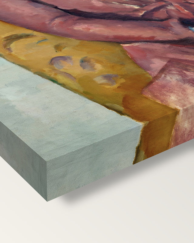 Madame Cézanne by Paul Cézanne on stretched canvas, corner close-up: the painting mirror-wrapped round the sides