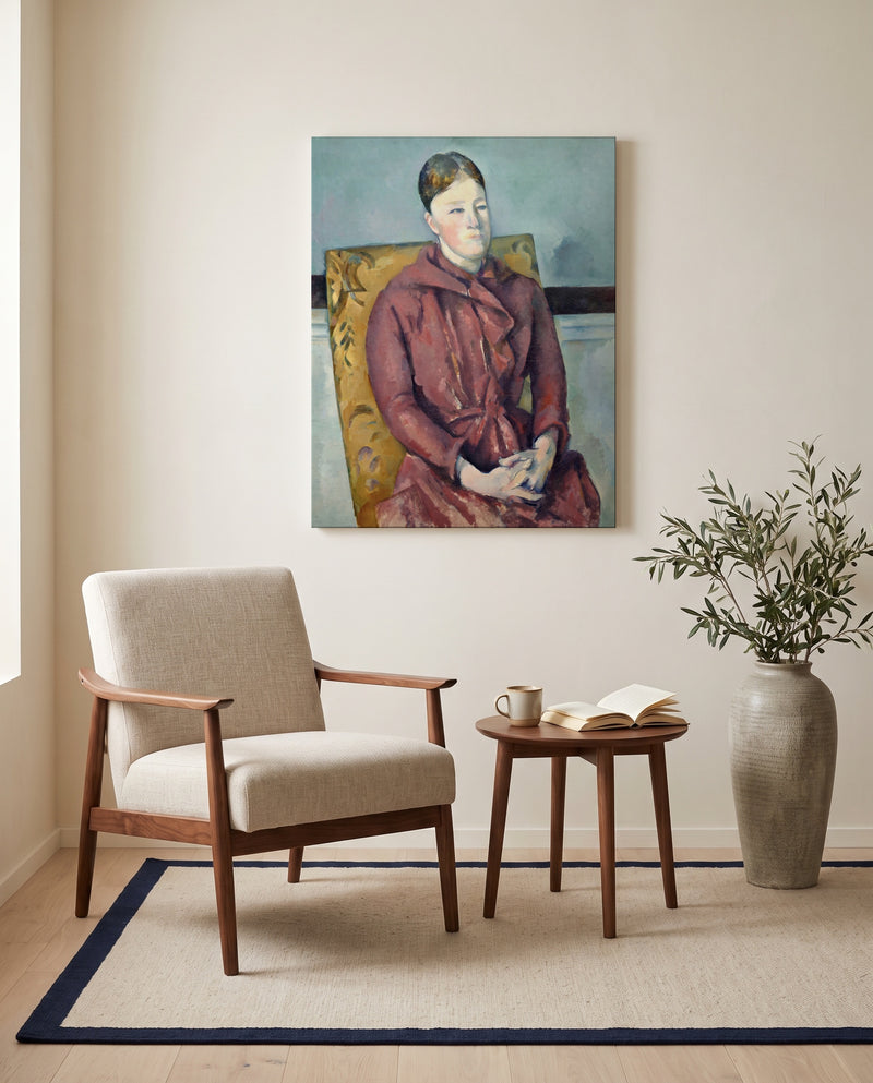 Madame Cézanne by Paul Cézanne as a stretched canvas above a linen lounge chair in a reading corner