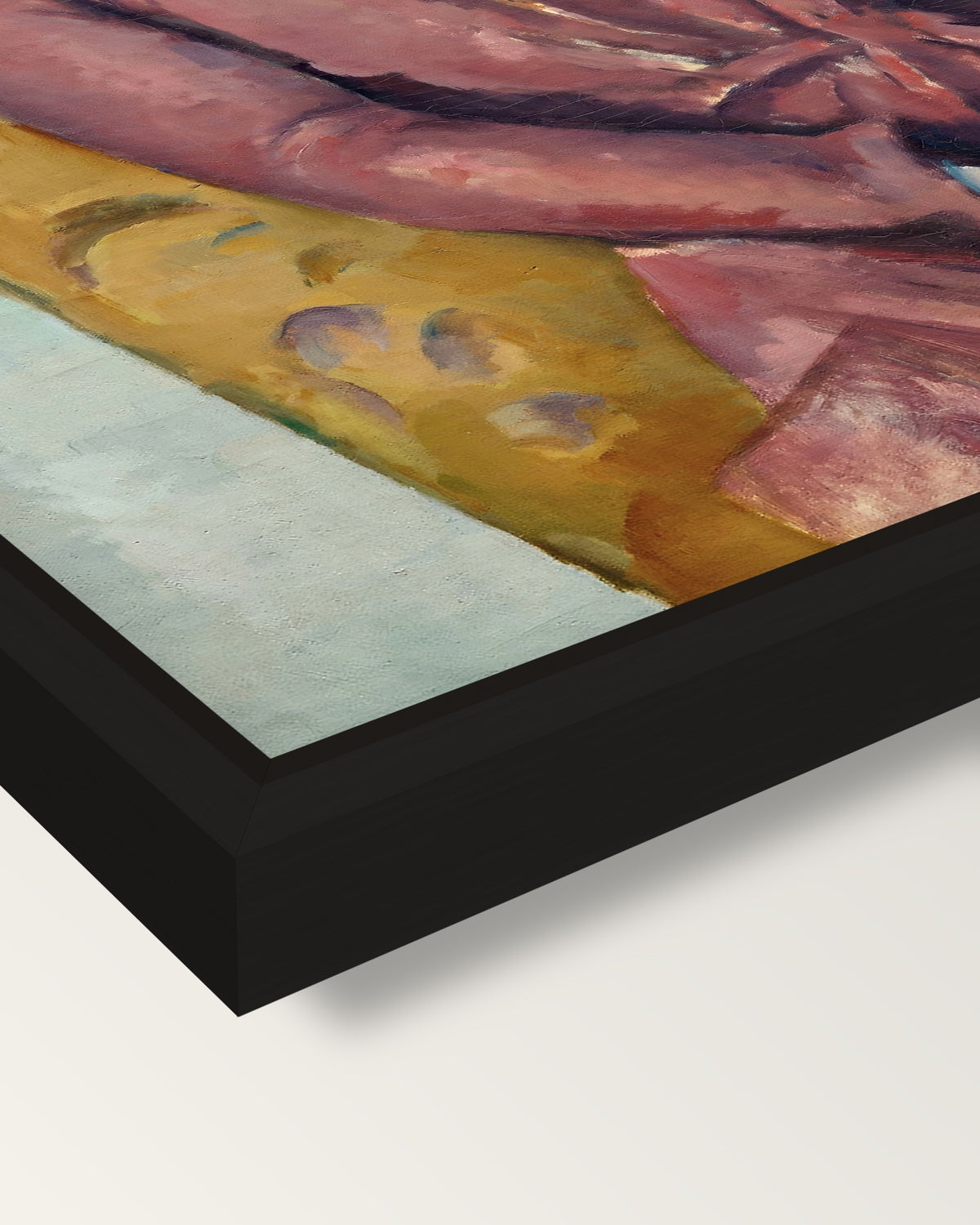 Madame Cézanne by Paul Cézanne framed canvas, corner close-up: a black floating frame with a shadow gap round the canvas