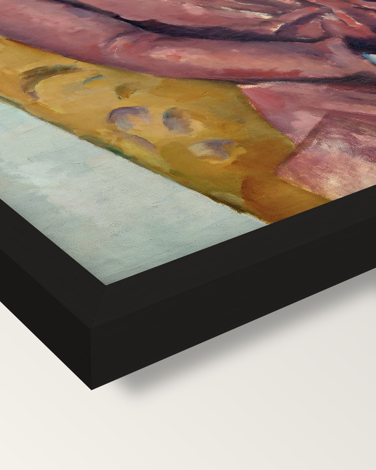 Madame Cézanne by Paul Cézanne framed print, corner close-up: black moulding, mitred, the print set just below its edge