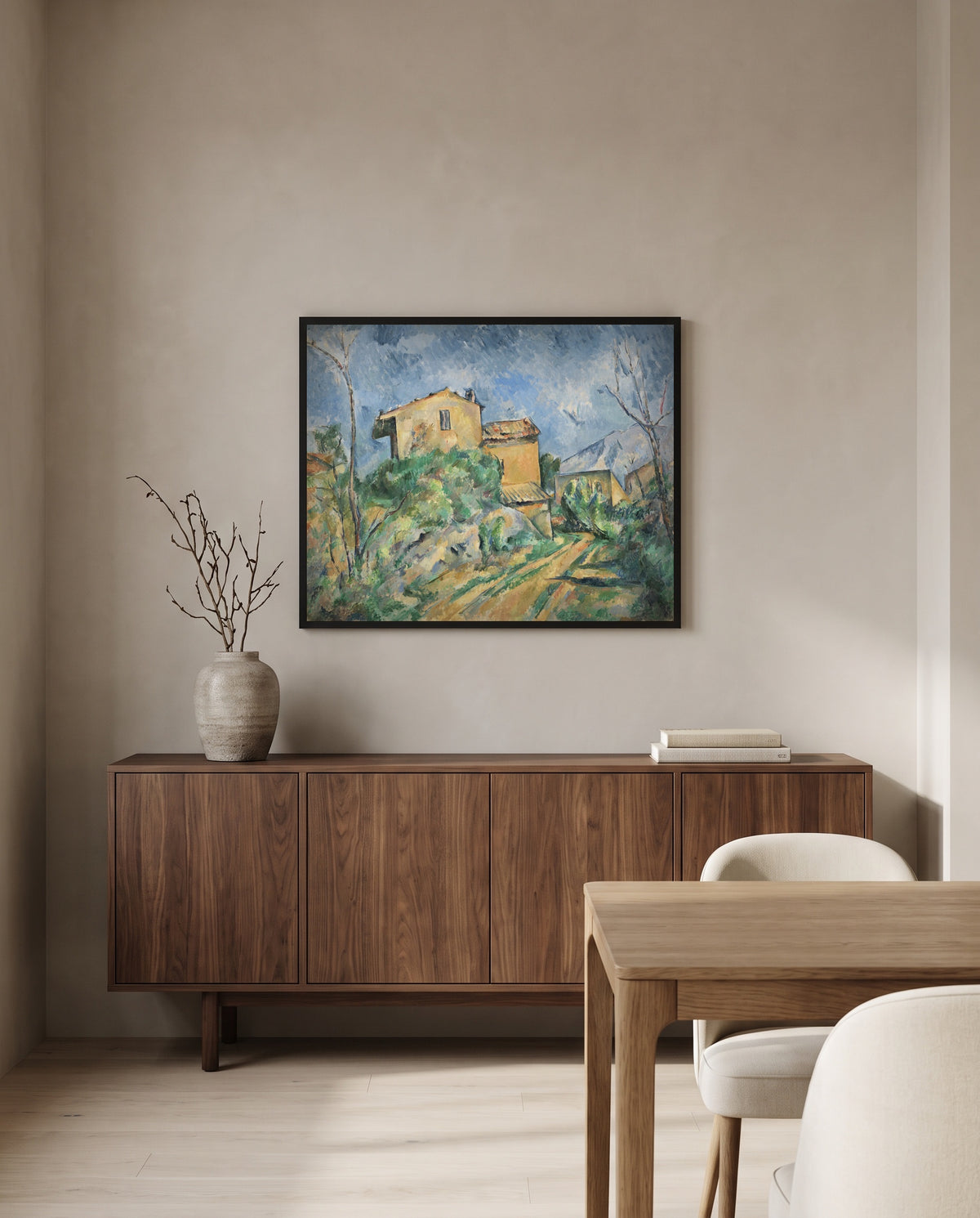Maison Maria by Paul Cézanne in a black frame above a walnut sideboard in a dining room