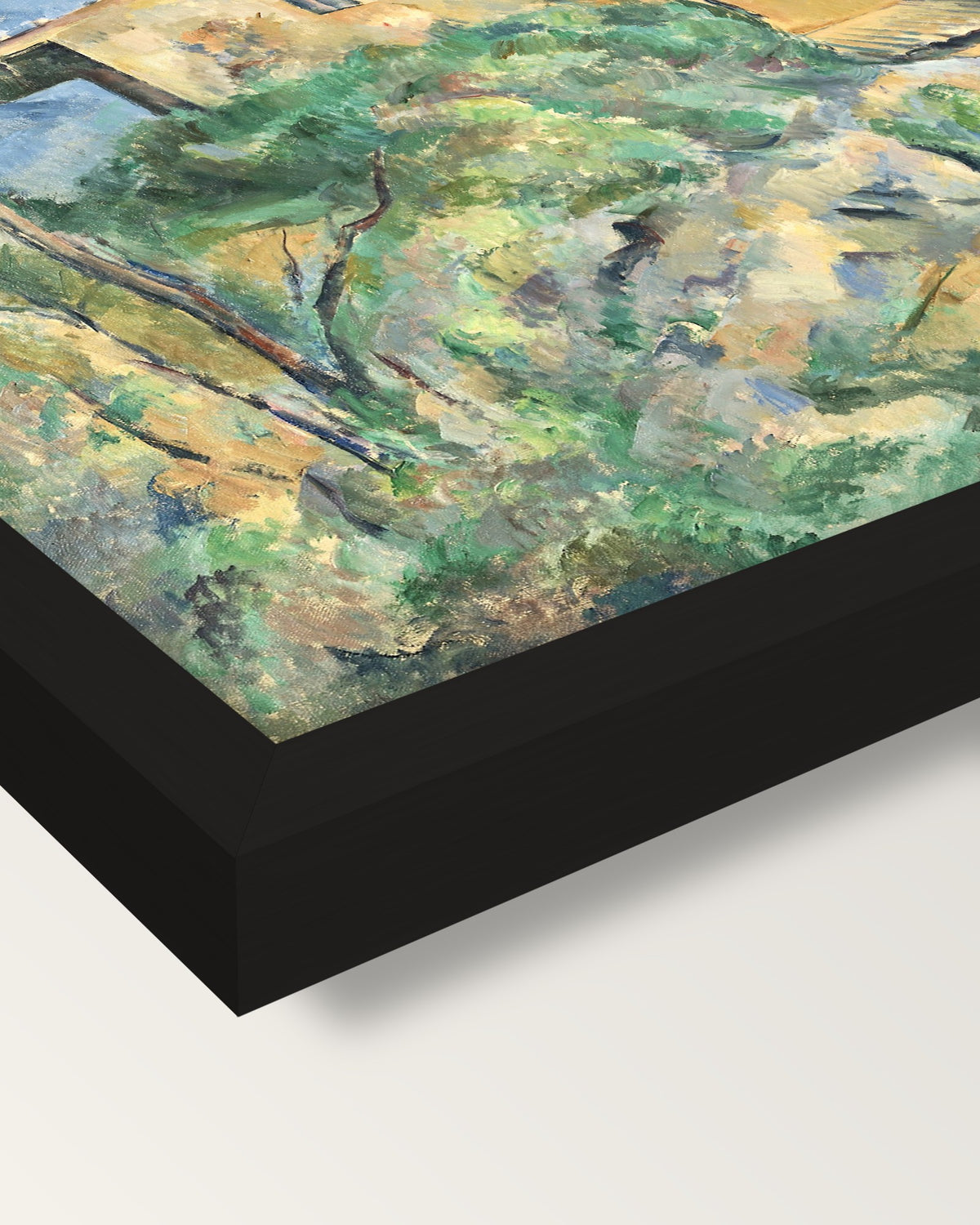 Maison Maria by Paul Cézanne framed print, corner close-up: black moulding, mitred, the print set just below its edge