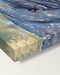 Man in a Blue Smock by Paul Cézanne on stretched canvas, corner close-up: the painting mirror-wrapped round the sides