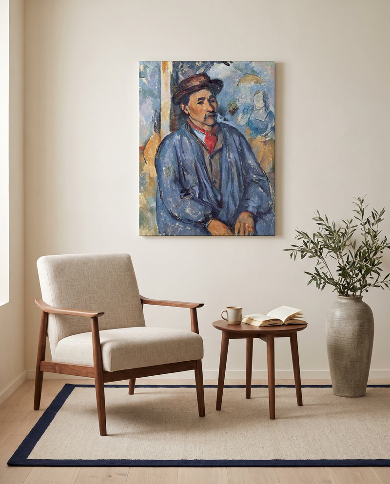 Man in a Blue Smock by Paul Cézanne as a stretched canvas above a linen lounge chair in a reading corner