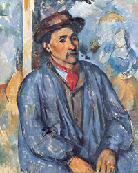 Man in a Blue Smock by Cézanne: a moustached man in a hat and blue smock with a red scarf, a painted screen behind