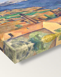 The Bay of Marseille by Paul Cézanne on stretched canvas, corner close-up: the painting mirror-wrapped round the sides