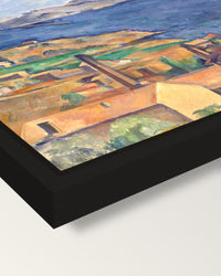 The Bay of Marseille by Cézanne framed canvas, corner close-up: a black floating frame with a shadow gap round the canvas