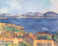 The Bay of Marseille, Seen from L’Estaque by Paul Cézanne: orange roofs in front of a deep blue bay and a line of mountains