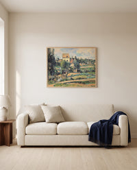 Mill at Pontoise by Paul Cézanne framed in natural oak above a cream sofa in a warm living room