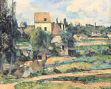 Mill on the Couleuvre at Pontoise by Cézanne: a mill building with red roofs among trees and fields, a pale sky