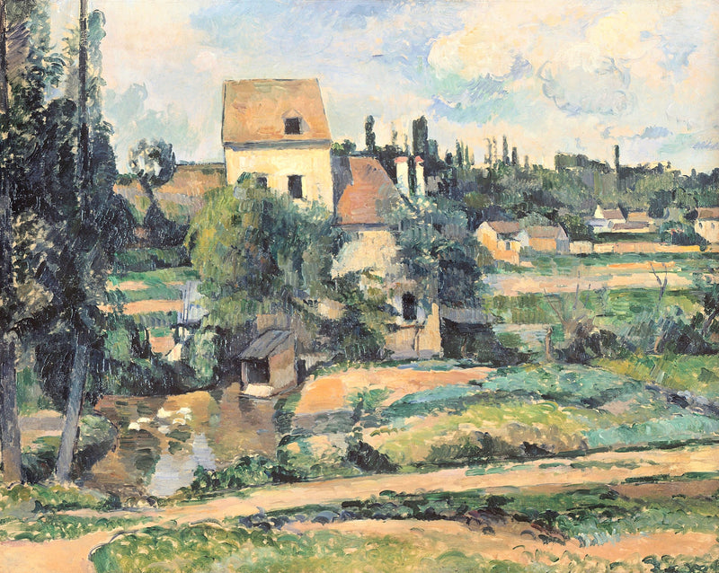 Mill on the Couleuvre at Pontoise by Cézanne: a mill building with red roofs among trees and fields, a pale sky