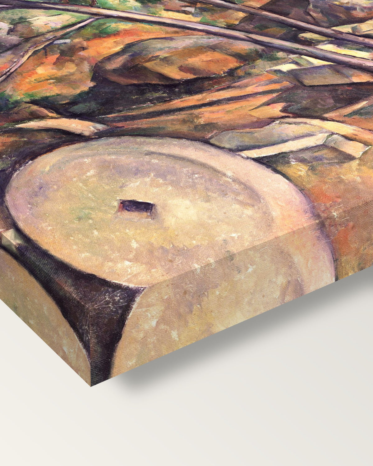 Millstone, Château Noir by Paul Cézanne on stretched canvas, corner close-up: the painting mirror-wrapped round the sides