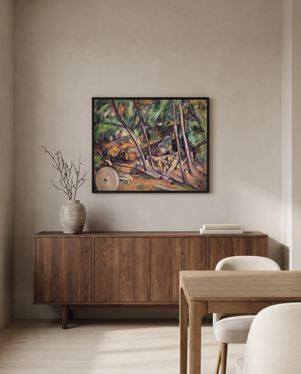 Millstone, Château Noir by Paul Cézanne in a black frame above a walnut sideboard in a dining room