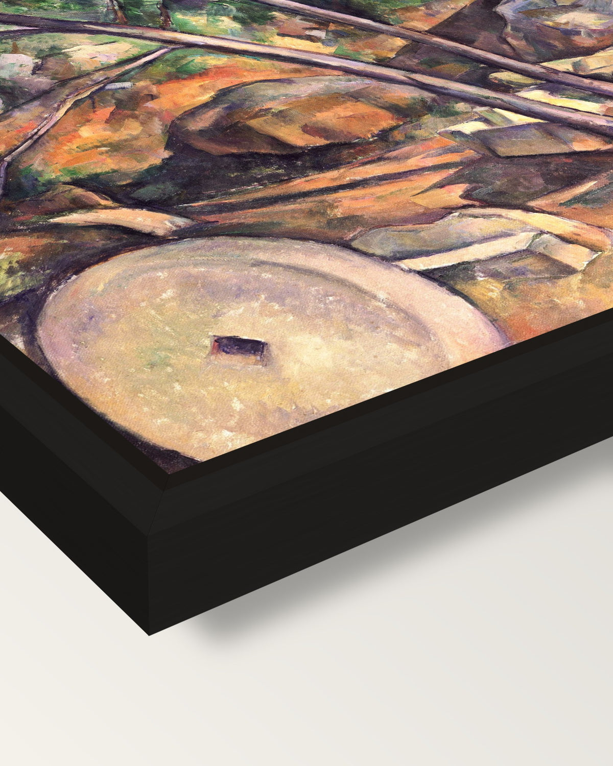 Millstone, Château Noir by Cézanne framed canvas, corner close-up: a black floating frame with a shadow gap round the canvas