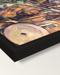 Millstone, Château Noir by Cézanne framed canvas, corner close-up: a black floating frame with a shadow gap round the canvas