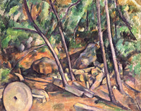 Millstone in the Park of the Château Noir by Cézanne: a round millstone among rocks and leaning trees in a wood