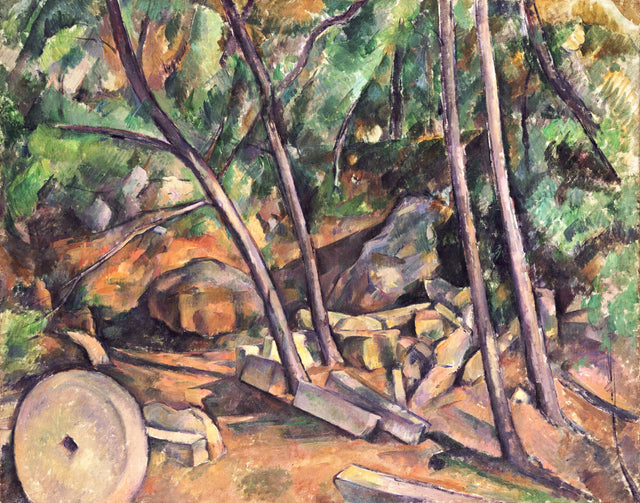 Millstone in the Park of the Château Noir by Cézanne: a round millstone among rocks and leaning trees in a wood