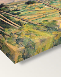 Sainte-Victoire and the Viaduct by Cézanne on stretched canvas, corner close-up: the painting mirror-wrapped round the sides