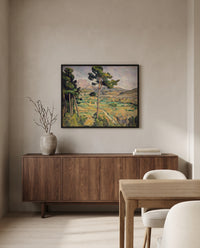Sainte-Victoire and the Viaduct by Paul Cézanne in a black frame above a walnut sideboard in a dining room