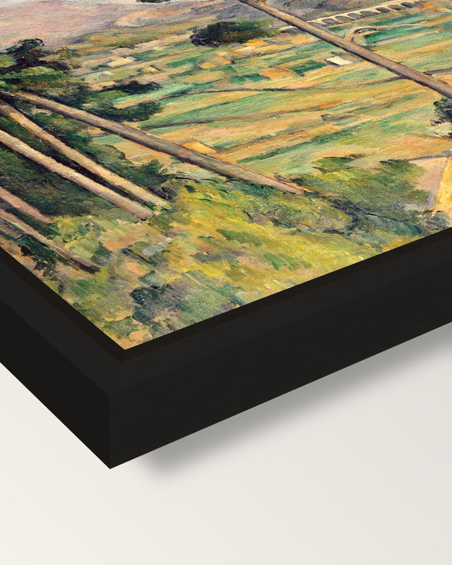 Sainte-Victoire and the Viaduct framed canvas, corner close-up: a black floating frame with a shadow gap round the canvas