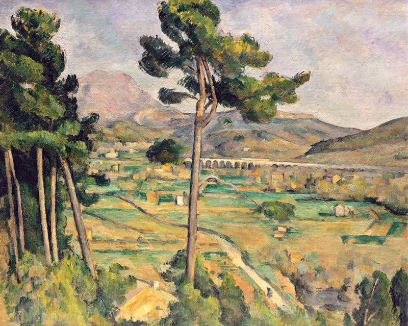 Mont Sainte-Victoire and the Viaduct by Cézanne: tall pines frame a wide valley with a railway viaduct and a distant mountain