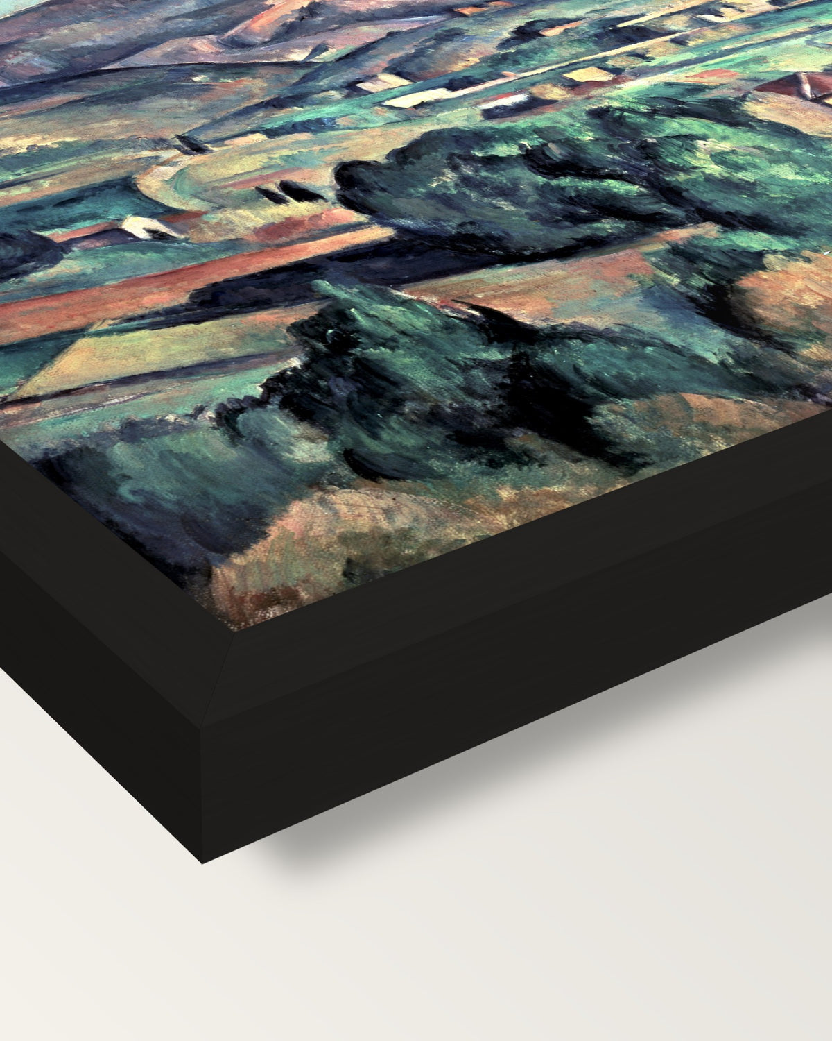 Sainte-Victoire from Bellevue framed print, corner close-up: black moulding, mitred, the print set just below its edge