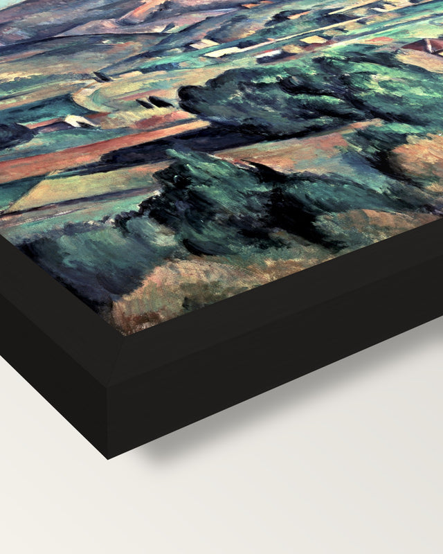 Sainte-Victoire from Bellevue framed print, corner close-up: black moulding, mitred, the print set just below its edge