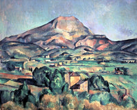 Mont Sainte-Victoire seen from Bellevue by Cézanne: a rosy mountain rises over a green valley, farm buildings and a viaduct