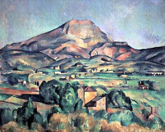 Mont Sainte-Victoire seen from Bellevue by Cézanne: a rosy mountain rises over a green valley, farm buildings and a viaduct