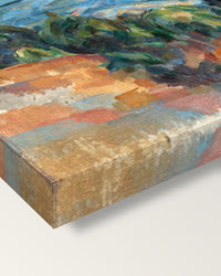 Mount Sainte-Victoire by Paul Cézanne on stretched canvas, corner close-up: the painting mirror-wrapped round the sides