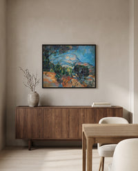 Mount Sainte-Victoire by Paul Cézanne in a black frame above a walnut sideboard in a dining room