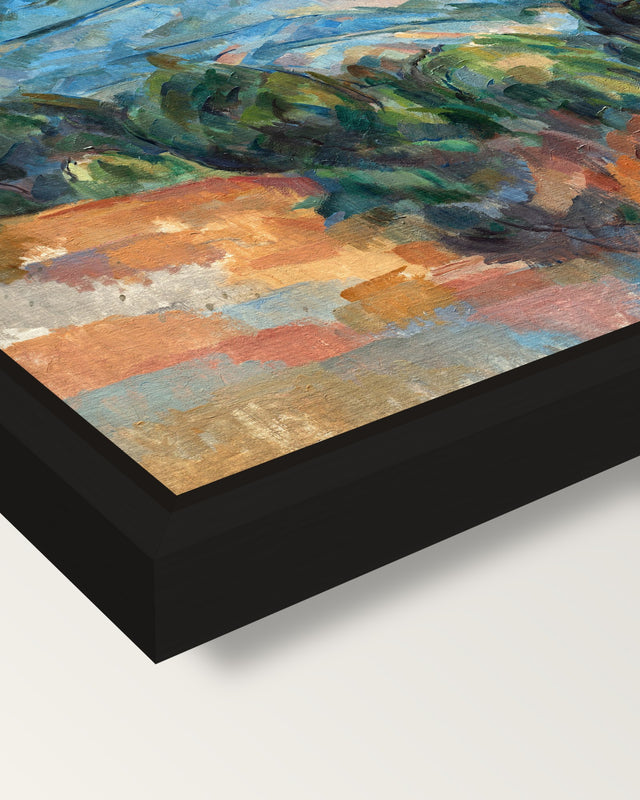 Mount Sainte-Victoire by Cézanne framed canvas, corner close-up: a black floating frame with a shadow gap round the canvas