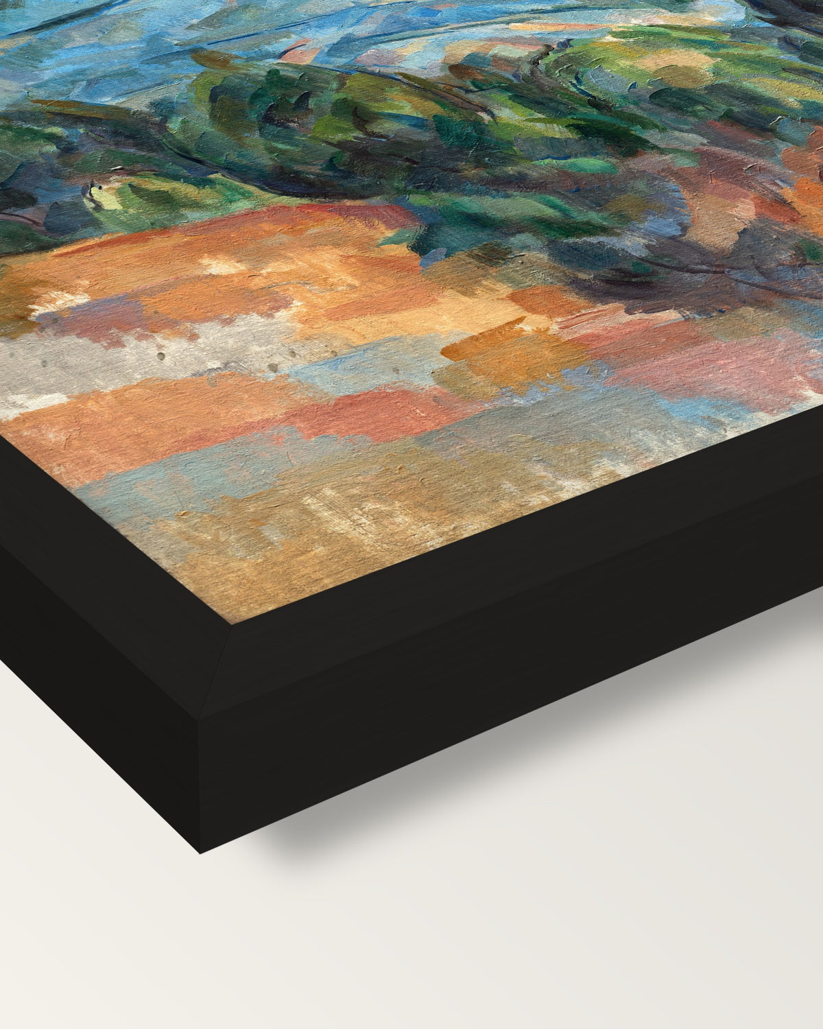 Mount Sainte-Victoire by Cézanne framed print, corner close-up: black moulding, mitred, the print set just below its edge
