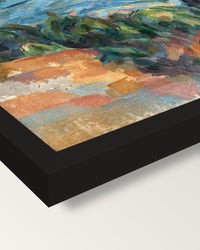 Mount Sainte-Victoire by Cézanne framed print, corner close-up: black moulding, mitred, the print set just below its edge