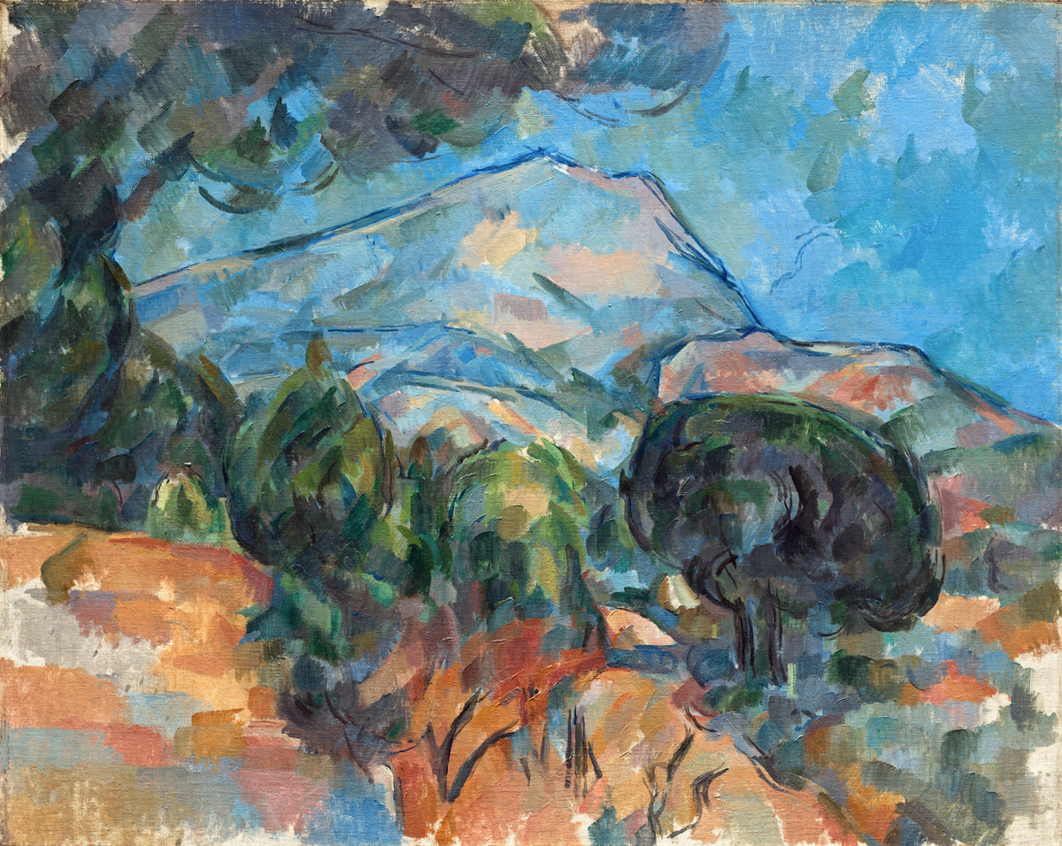 Mount Sainte-Victoire by Cézanne: a blue mountain rising above dark green pines and blocks of orange and green countryside