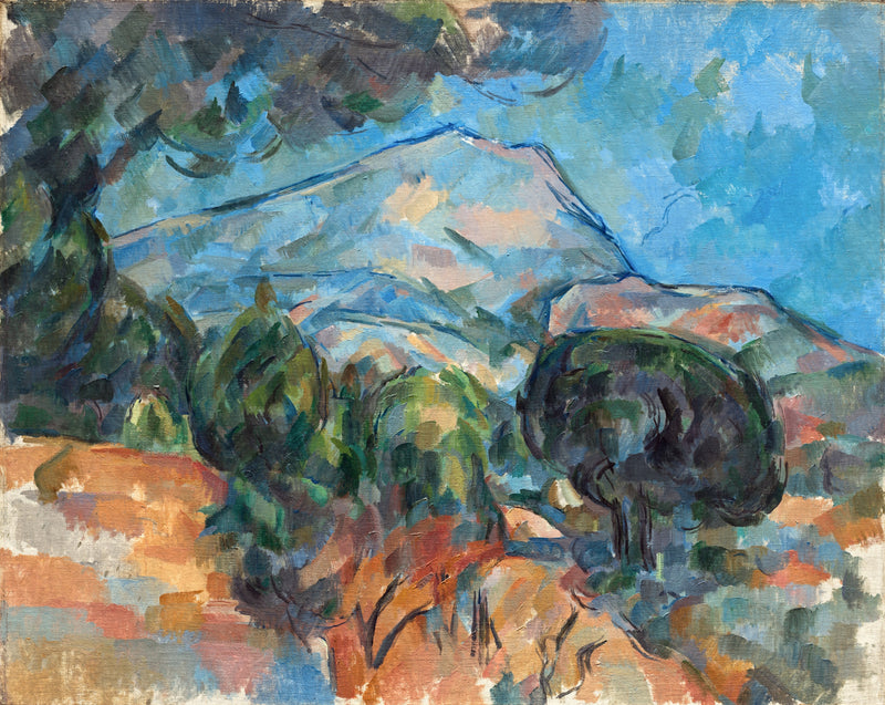 Mount Sainte-Victoire by Cézanne: a blue mountain rising above dark green pines and blocks of orange and green countryside