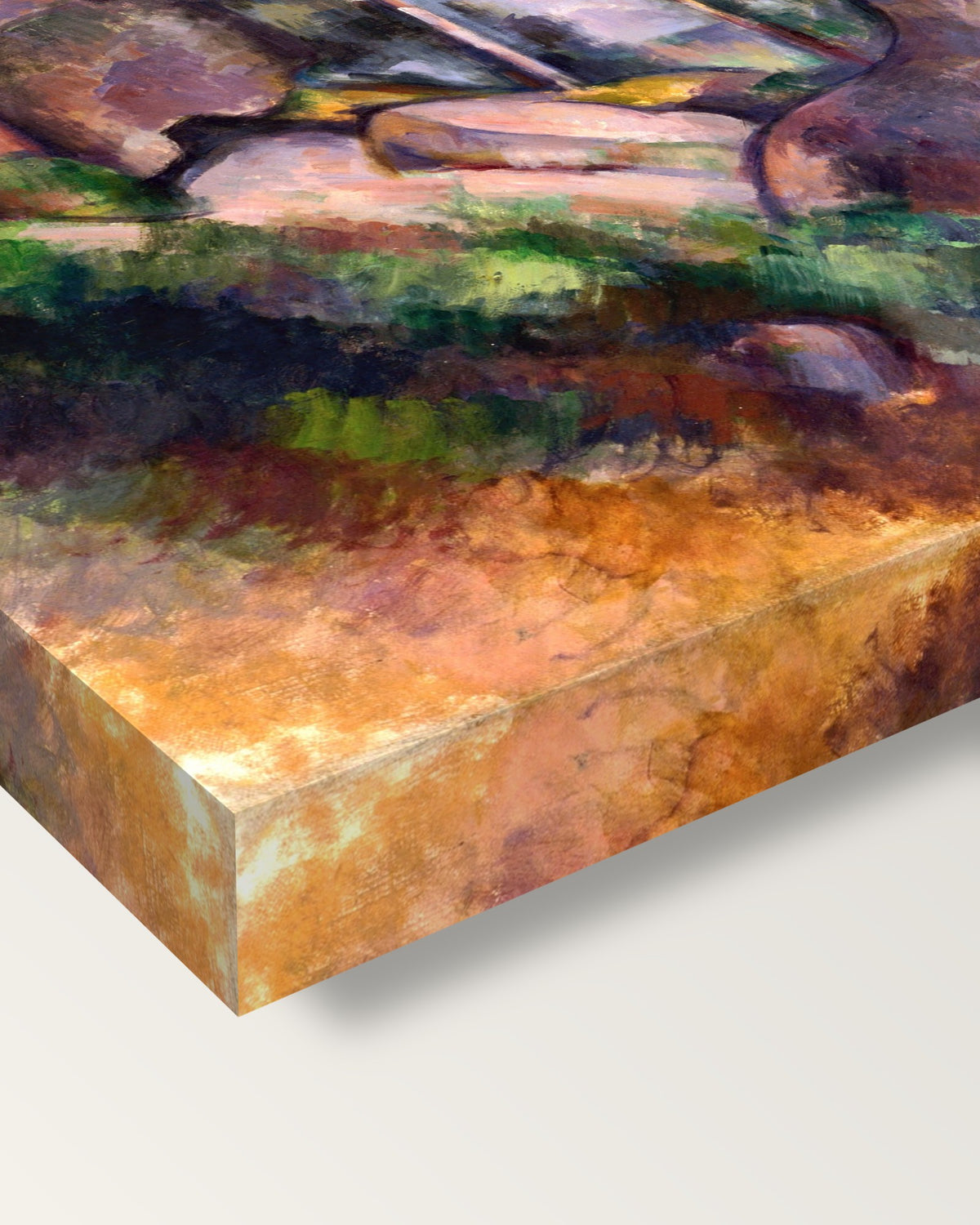 Pines and Rocks by Paul Cézanne on stretched canvas, corner close-up: the painting mirror-wrapped round the sides