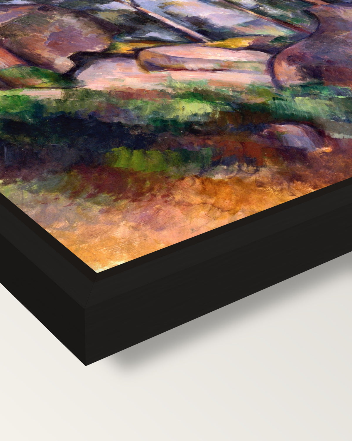 Pines and Rocks by Paul Cézanne framed canvas, corner close-up: a black floating frame with a shadow gap round the canvas