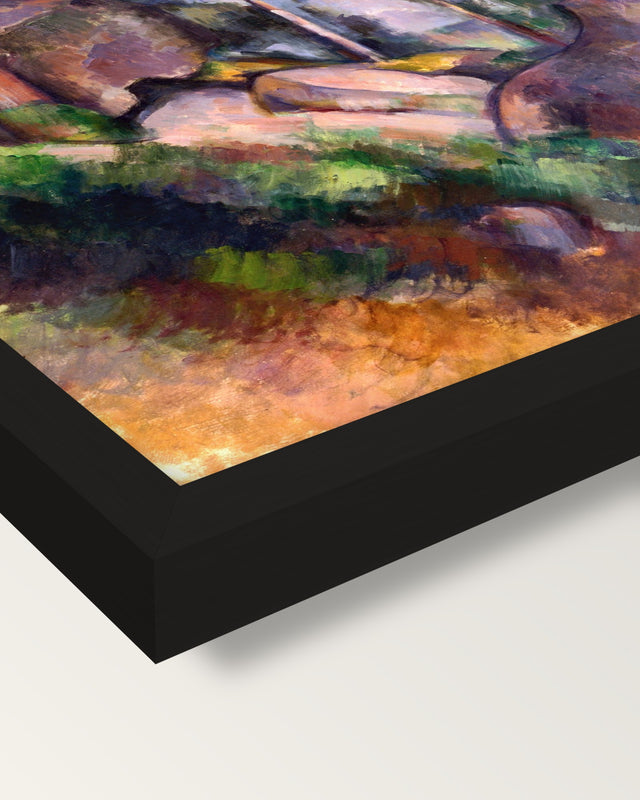 Pines and Rocks by Paul Cézanne framed print, corner close-up: black moulding, mitred, the print set just below its edge