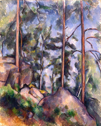 Pines and Rocks by Cézanne: tall thin pine trunks rising behind pale boulders and green shrubs, blue sky
