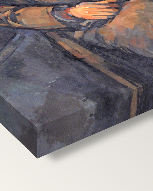 Ambroise Vollard by Paul Cézanne on stretched canvas, corner close-up: the painting mirror-wrapped round the sides