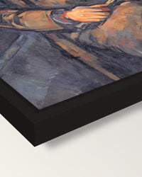 Ambroise Vollard by Paul Cézanne framed canvas, corner close-up: a black floating frame with a shadow gap round the canvas