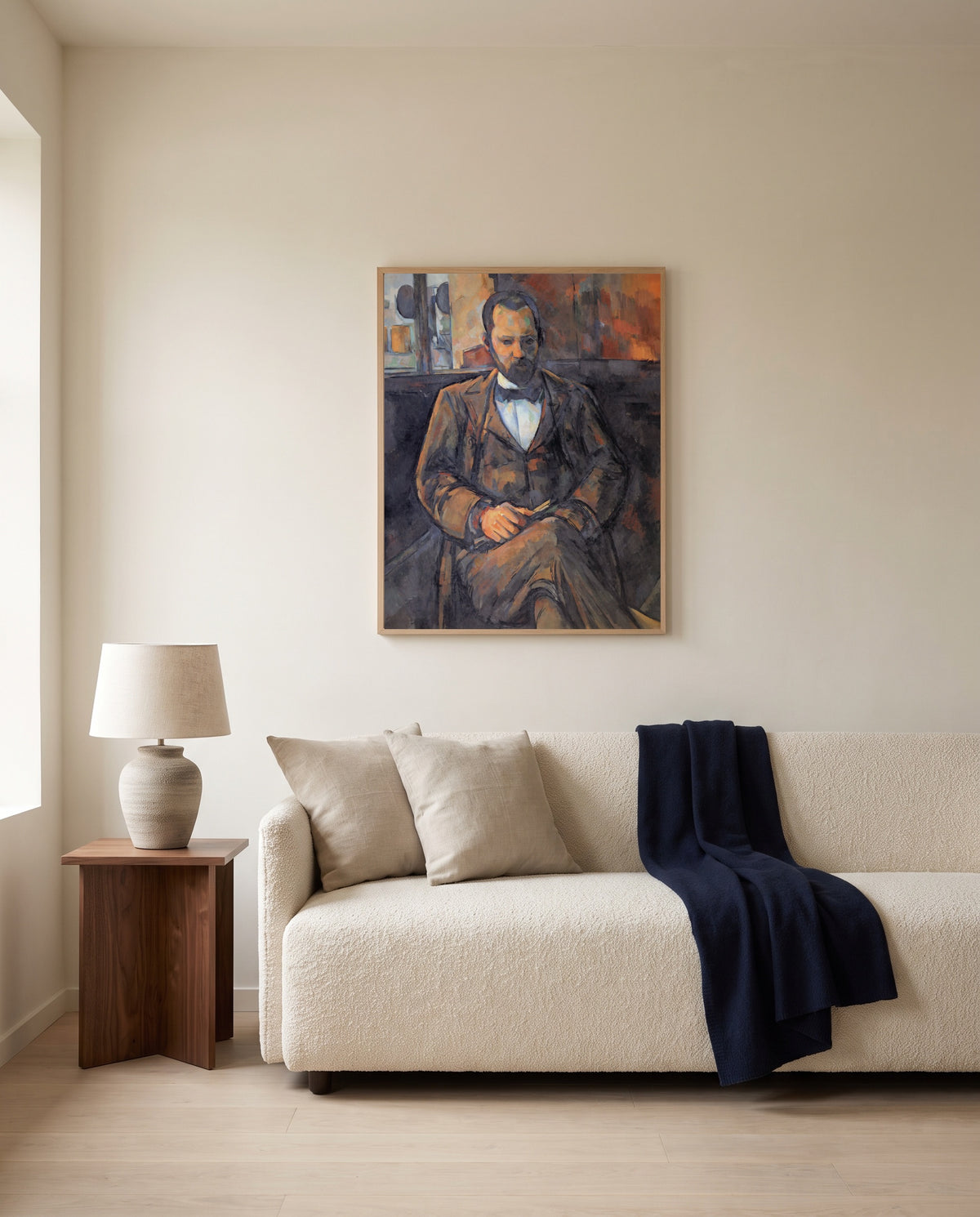 Ambroise Vollard by Paul Cézanne framed in natural oak above a cream sofa in a warm living room