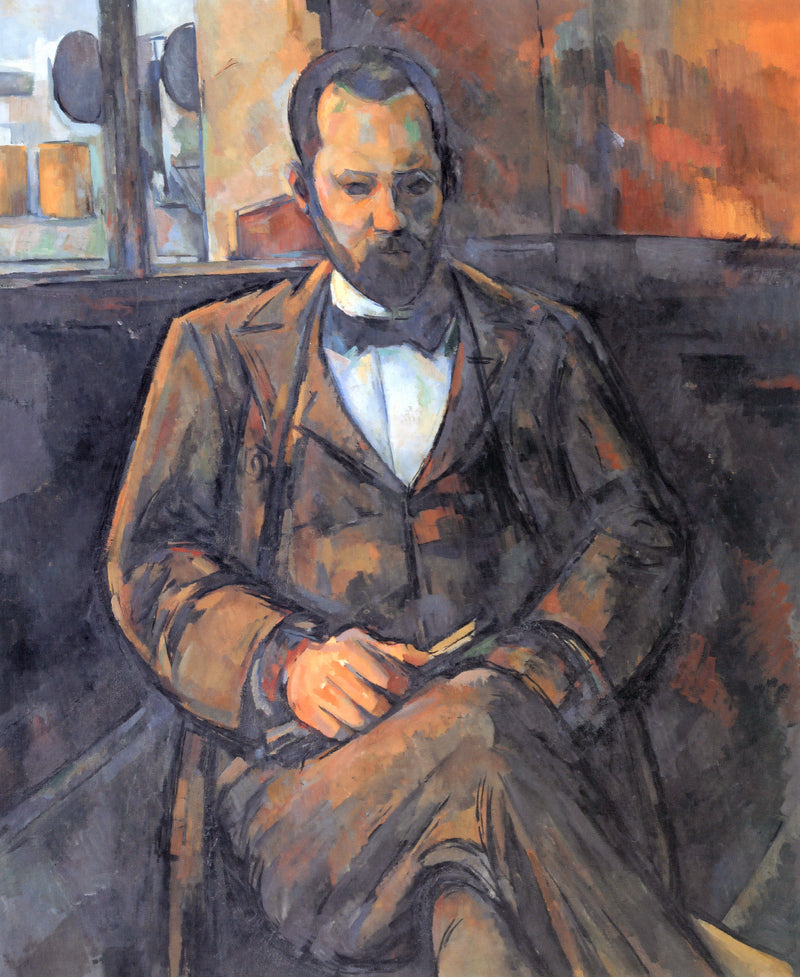 Portrait of Ambroise Vollard by Paul Cézanne: a bearded man in a brown suit seated with legs crossed, a window behind him