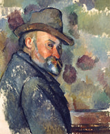 Self-Portrait with a Hat by Cézanne: a bearded older man in a soft felt hat and dark coat, a pale patterned wall