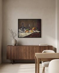 Still Life with a Dessert by Paul Cézanne in a black frame above a walnut sideboard in a dining room