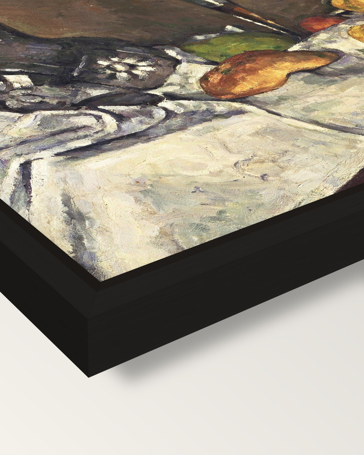 Still Life with a Dessert framed canvas, corner close-up: a black floating frame with a shadow gap round the canvas