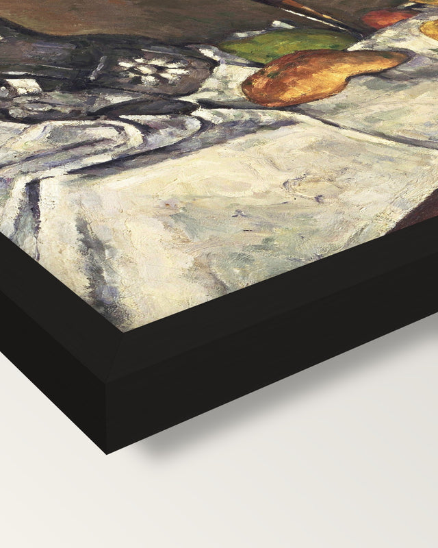 Still Life with a Dessert by Cézanne framed print, corner close-up: black moulding, mitred, the print set just below its edge