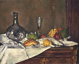 Still Life with a Dessert by Cézanne: a dark carafe, a wine glass, fruit and pastries on a white cloth on a sideboard