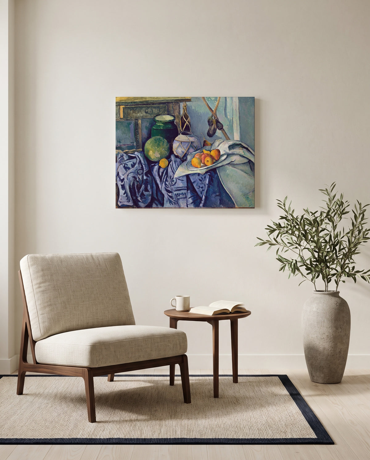 Ginger Jar and Eggplants by Paul Cézanne as a stretched canvas above a linen lounge chair in a reading corner